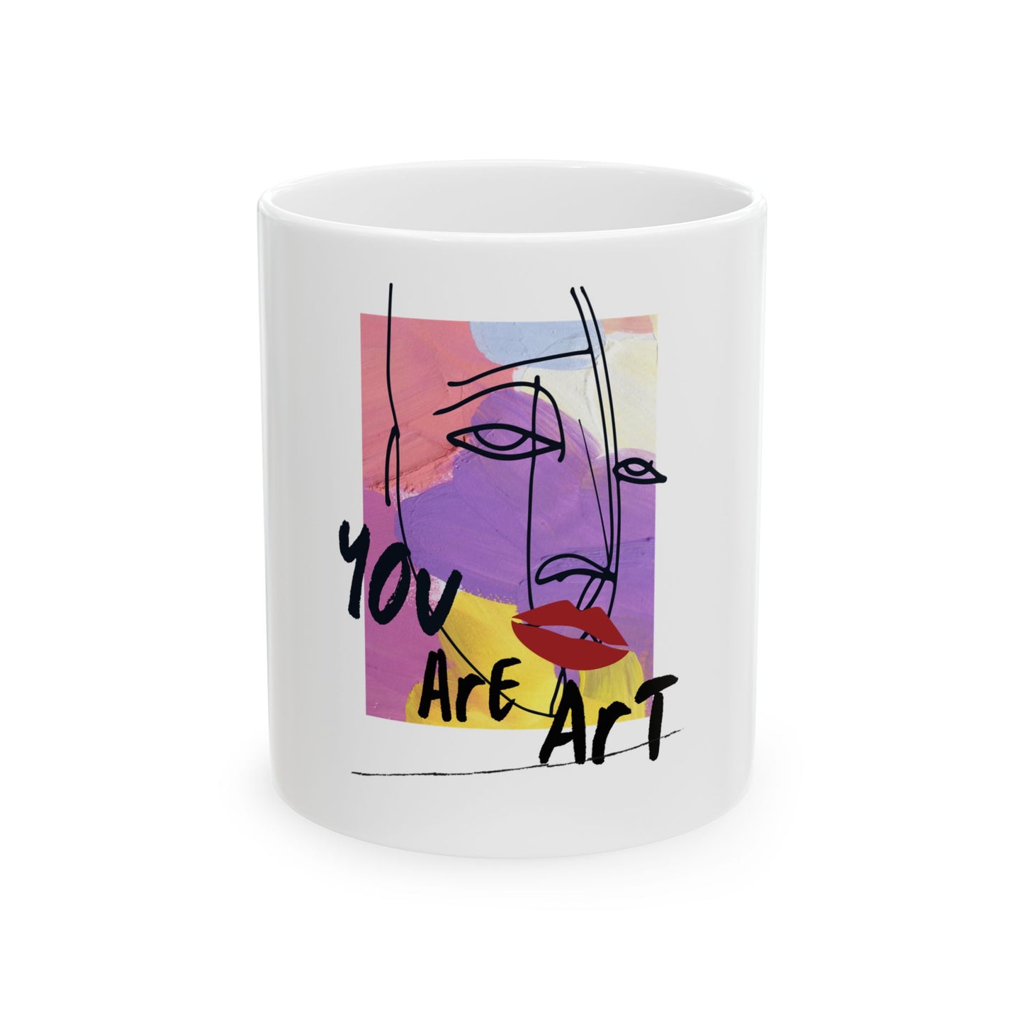 White mug with abstract face design and 'You Are Art' text on a white background. Artistic Ceramic Mug: "You Are Art" Coffee Cup for Artists, Creative Souls, Gift for Art Lovers, Inspirational Drinkware