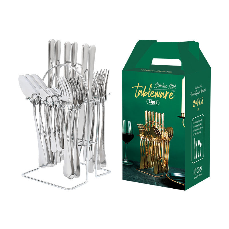 Stainless steel tableware 24 pieces set Western steak knife fork spoon restaurant hotel with storage rack gift box