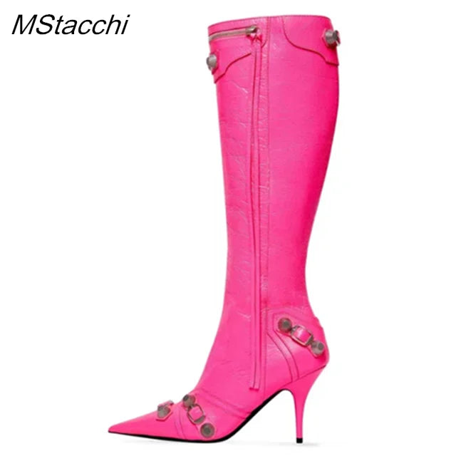 New Metal Rivet Women High Knee Boots Pointed Toe Thin Heels Designer Shoes Party Tassels Zipper-Sid Long Botas De Mujer