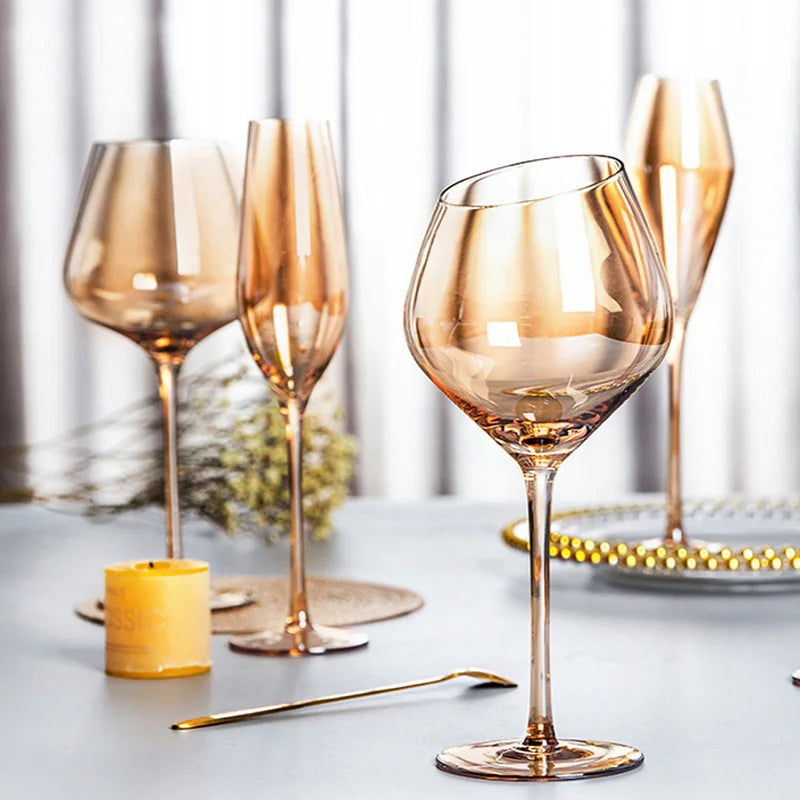 1pcs Nordic Golden Unleaded Crystal Wine Glass Luxury Amber Handmade Champagne Glasses Cocktail Goblet Set Bar Family Drinkware