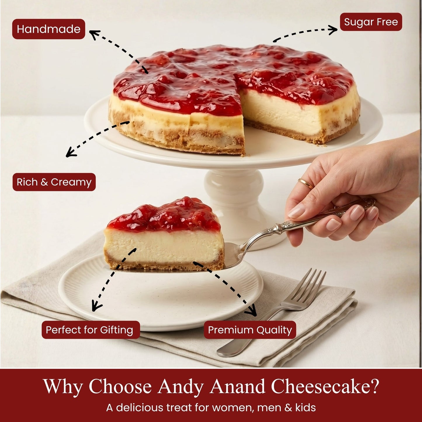 Andy Anand Fresh Strawberry Cheesecake, 9-Inch, 3.4 lb – Handcrafted with Real California Cream Cheese, No Preservatives, Birthday Gift Box