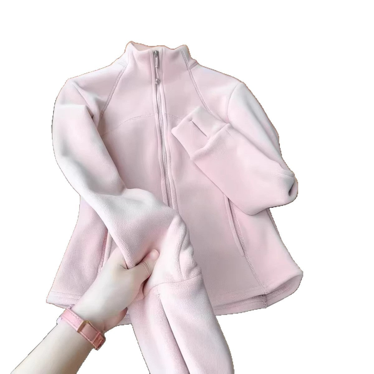 Pink Stand Collar Fleece Hoodie Jacket Down Inner Lining Warm Top, Tactical Jacket Inner Layer Base Layer