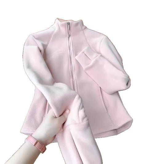 Pink Stand Collar Fleece Hoodie Jacket Down Inner Lining Warm Top, Tactical Jacket Inner Layer Base Layer