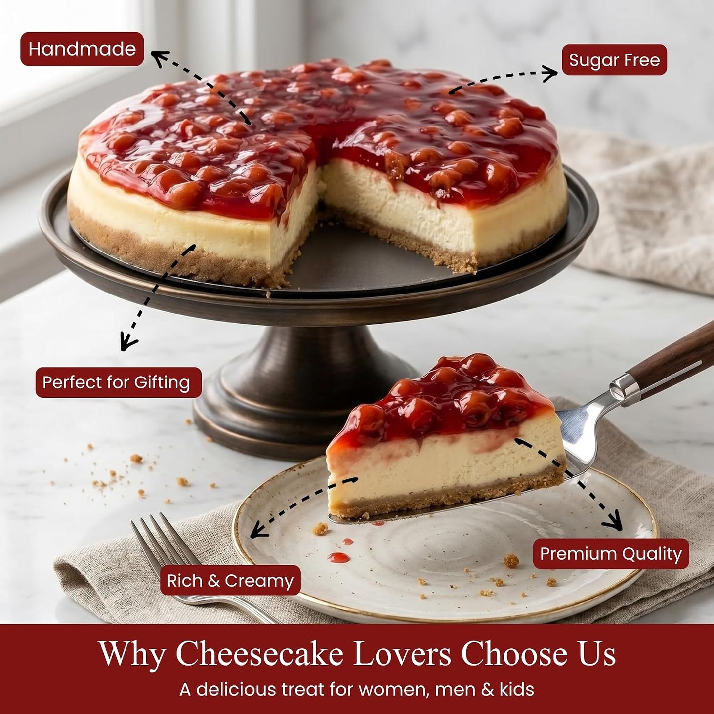 Andy Anand Sugar-Free & Gluten-Free Cherry Cheesecake, 9-Inch – Diabetic-Friendly, Fresh California Cream Cheese, Handmade, Birthday Gift