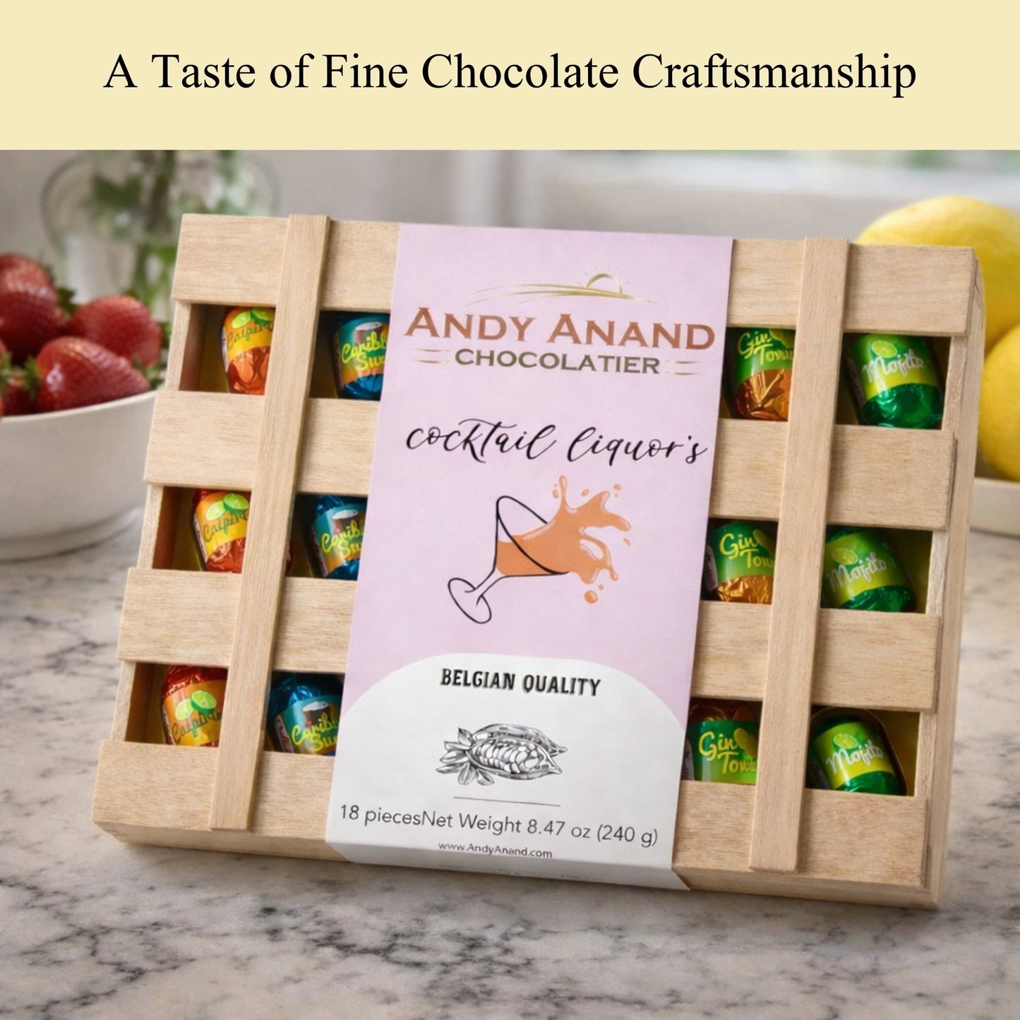 Andy Anand Cocktail Flavors, Six Unique, Non Alcoholic Vegan Chocolate Dark Chocolates, 18 Pieces, Crafted with 60% Cocoa Butter, Decadent
