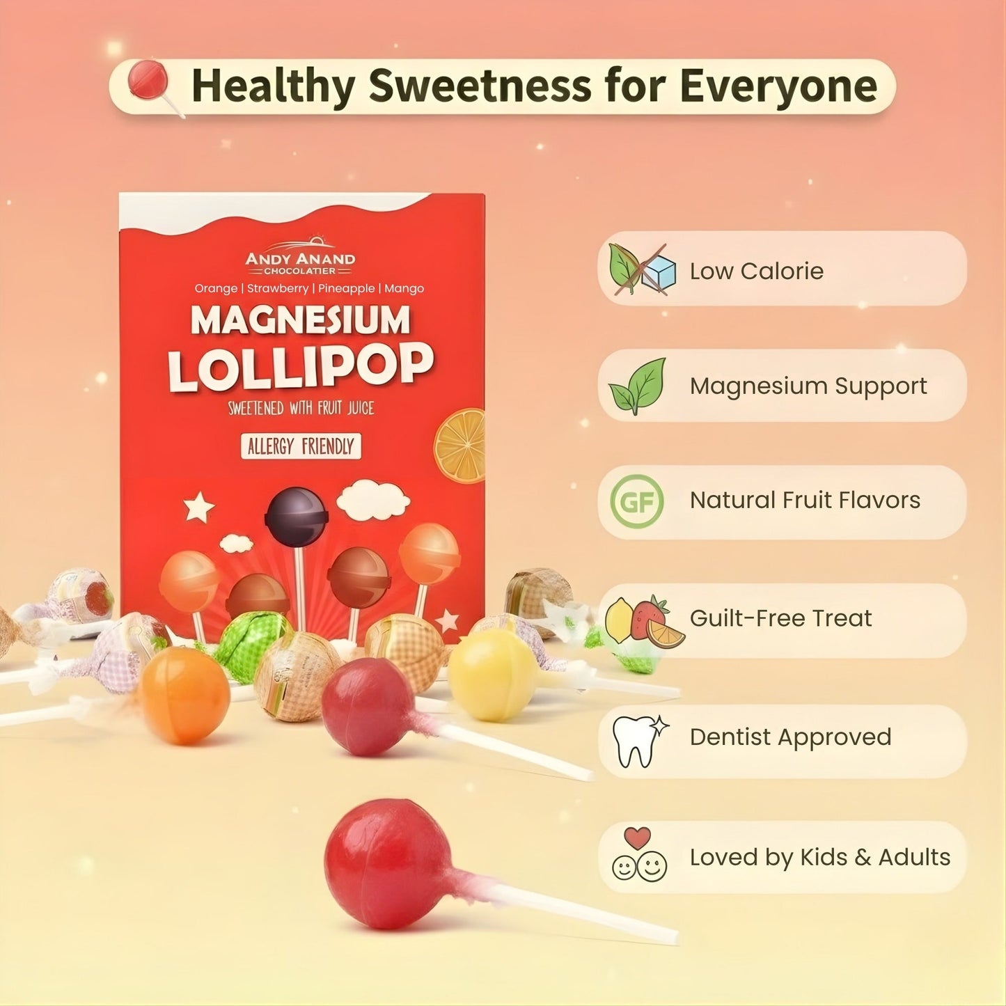 Andy Anand Magnesium Lollipops & Sweet-Calm Combo, 29 ct, 8.8 oz – Real Fruit Juice, Keto, Kids Support, Birthday Gift Box