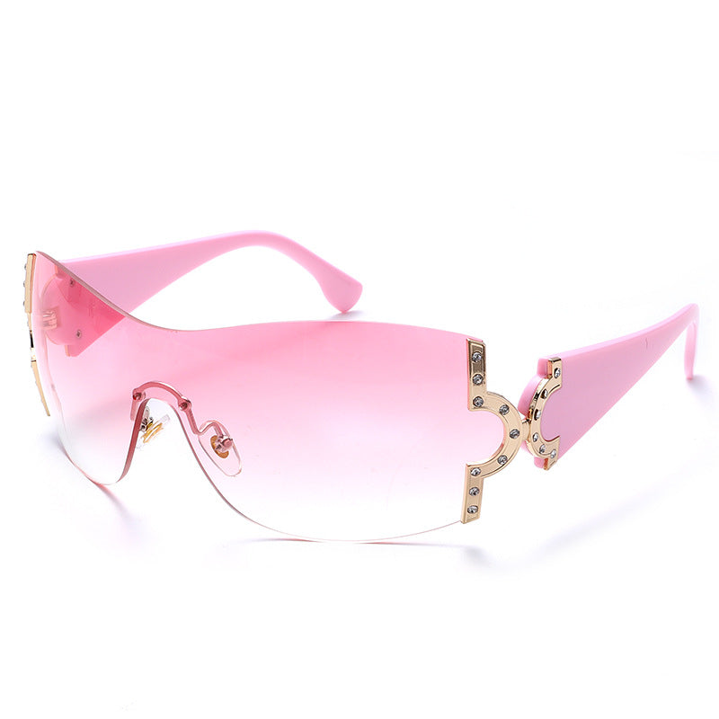 New Diamond Encrusted Sunglasses Women's Fashion Metal One-Piece Frame Glasses Large Frame Diamond Sunglasses