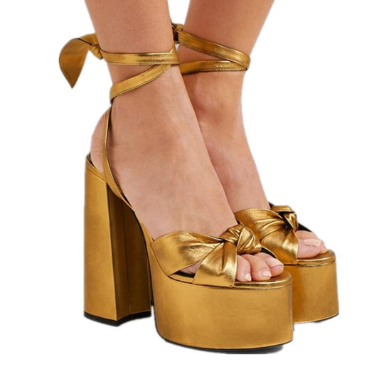 Open Toe Sheepskin High Heels Ankle Strap Roman Shoes Chunky Heels Plus Size Women's Block Heel