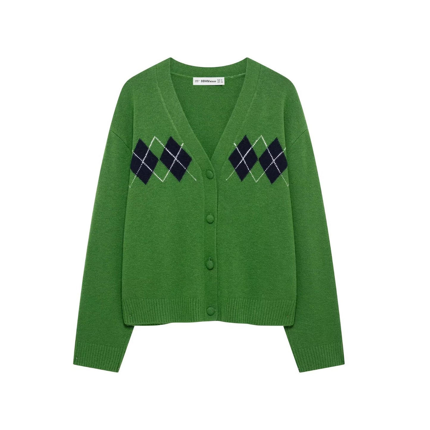 Street fashion diamond patterned knitted sweater jacket