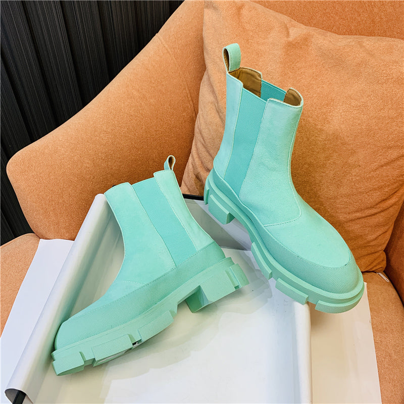 Muffin Thick-Soled Martin Boots Heightened Frosted Suede Chelsea Boots Green Small Short Boots Women's Trend