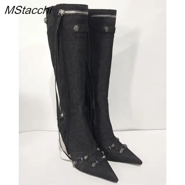 New Metal Rivet Women High Knee Boots Pointed Toe Thin Heels Designer Shoes Party Tassels Zipper-Sid Long Botas De Mujer