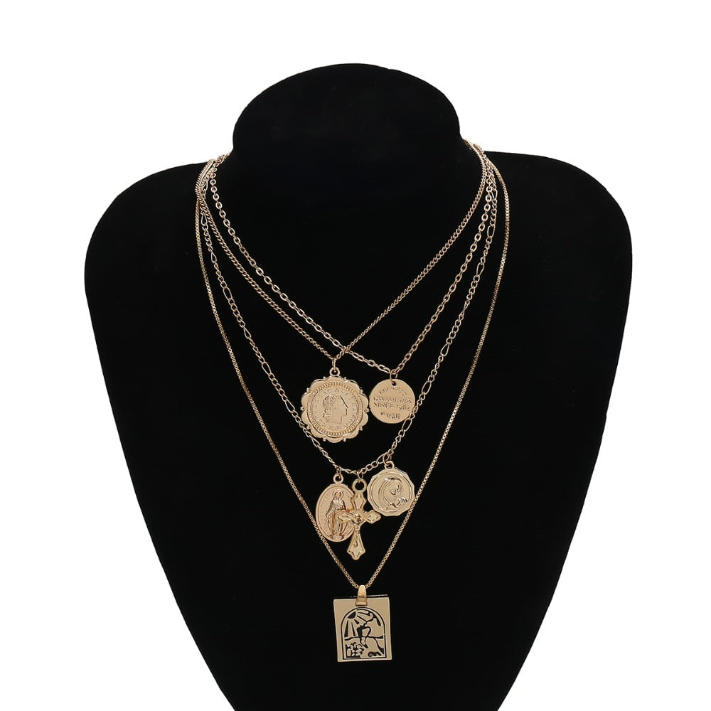 Vintage 4 Set Separable Chain Multi Layer Pendant Choker Necklaces Virgin Mary Jesus Cross Totem Square Jewelry Gift