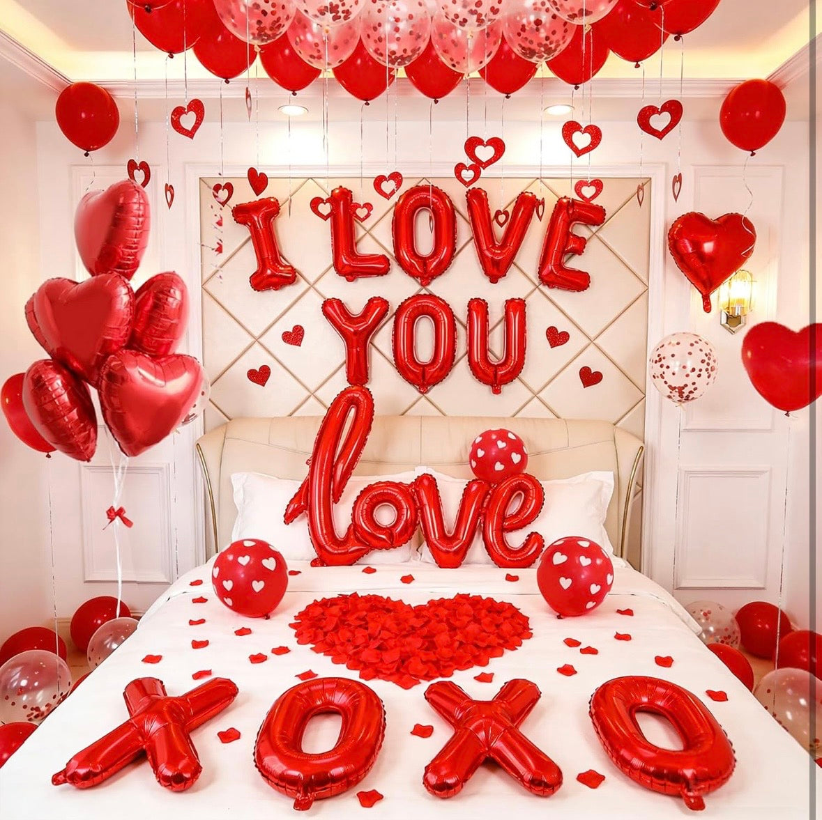 1100 PCS Valentine's Day Balloons Kit with XOXO, Red Heart and I Love You Balloons, 1000 Silk Rose Petals, 50 Heart Hangers for Valentines Decorations Anniversary, Proposal, Romantic Wedding Party