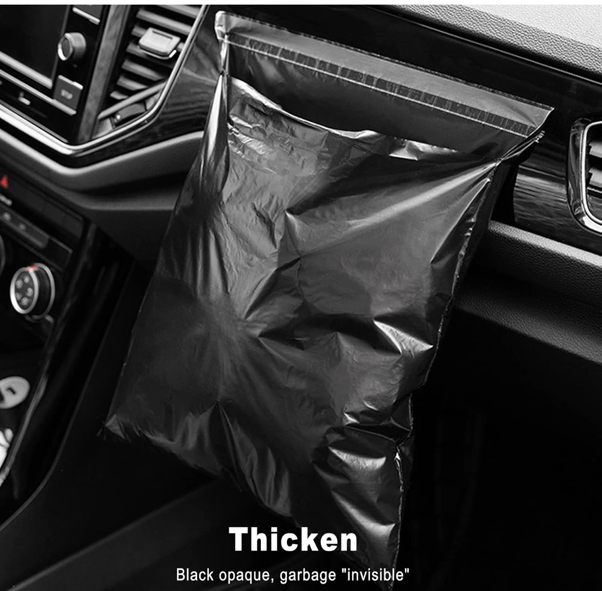 Black garbage bag inside a car with 'Thicken' text on a smartphone screen.