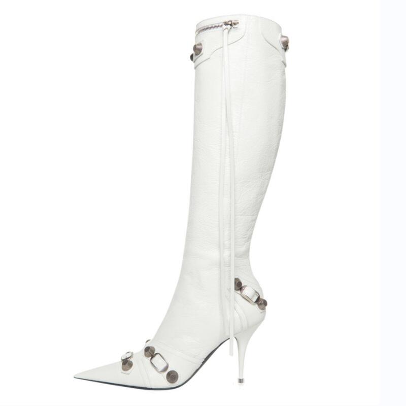 Women's Autumn and Winter Pointed Toe Metal Buckle Zipper Knee Boots Stiletto Rivet High Heels Luxury Shoes