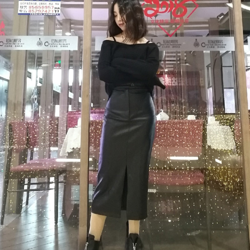 Fashionable Leather Skirt Khaki Blue Coffee Color Pu Medium Long High Waist Long Skirt