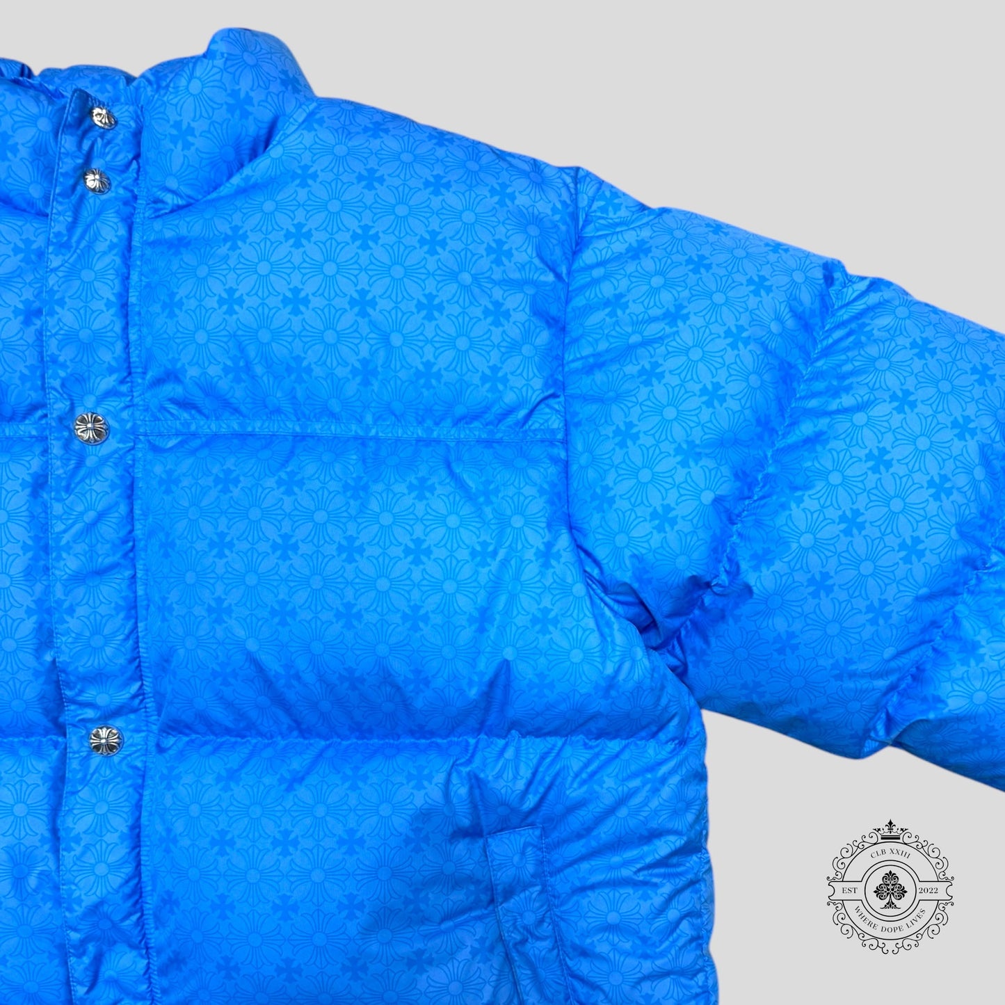 Chrome Heart Plus Pattern Puffer Jacket in Blue