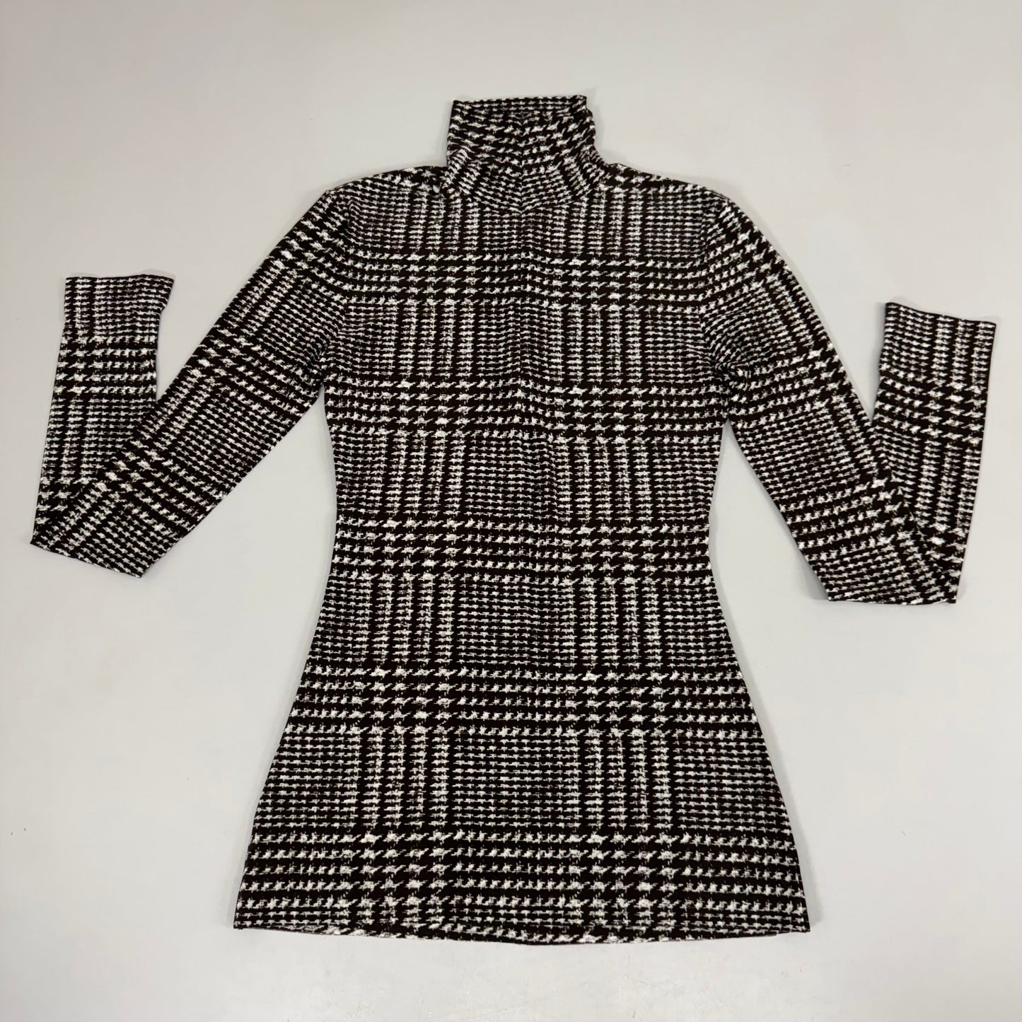 NORMA KAMALI Front Zip Slim Fit Turtle Top Women's Sz XS/34 Chocolate Plaid Tweed