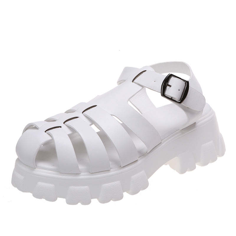 Roman Women's Sandals New Summer Breathable Toe Head Thick Bottom Hollow Buckle Sandals And Slippers