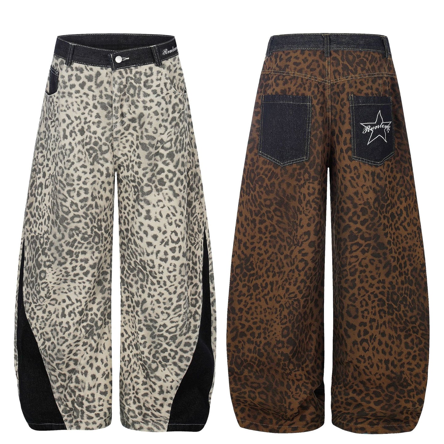 Leopard Print Patchwork Jeans Unisex High Waist Slimming Versatile Floor-Length Trousers