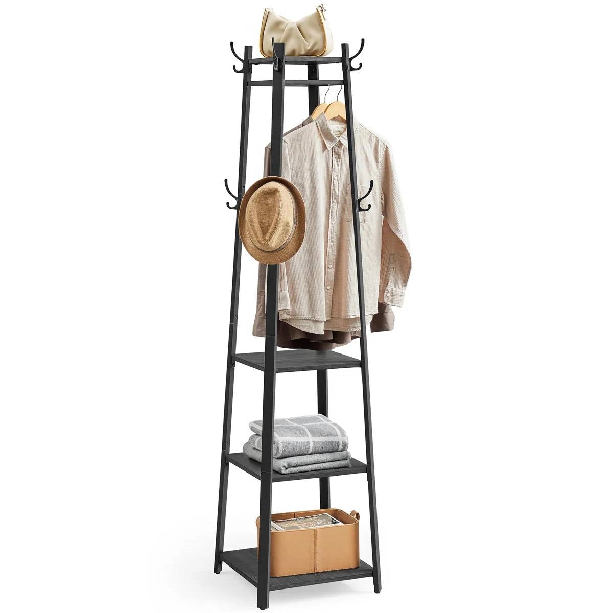 Modern Farmhouse Black Metal Coat Rack Entryway Hall Tree with Grey Wood Shelves-0
