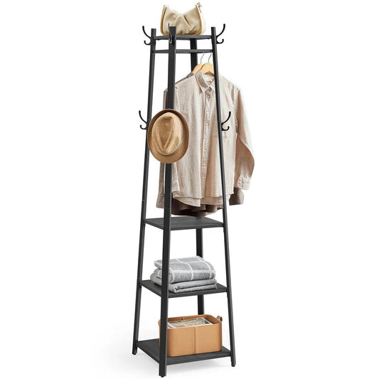 Modern Farmhouse Black Metal Coat Rack Entryway Hall Tree with Grey Wood Shelves-0