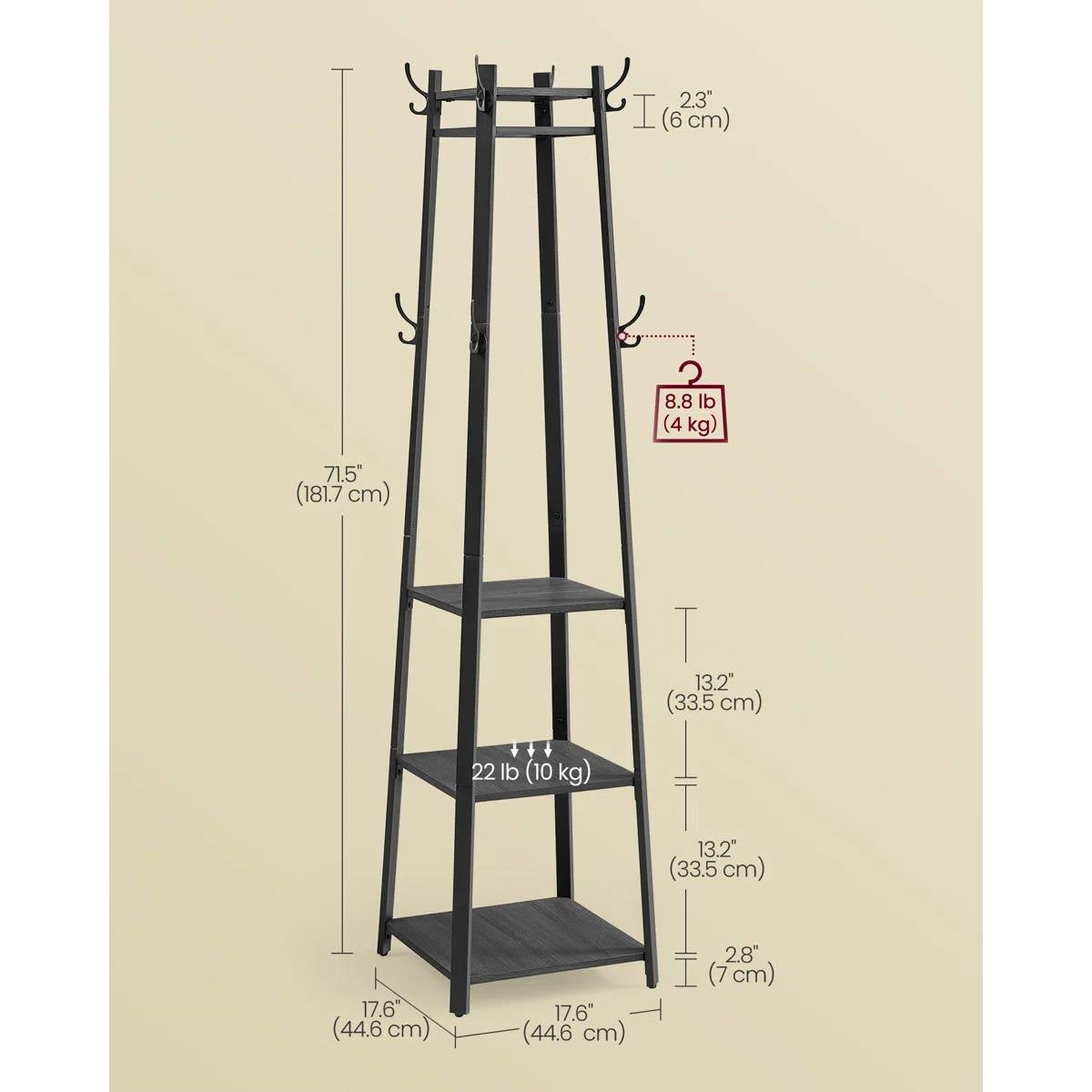 Modern Farmhouse Black Metal Coat Rack Entryway Hall Tree with Grey Wood Shelves-4