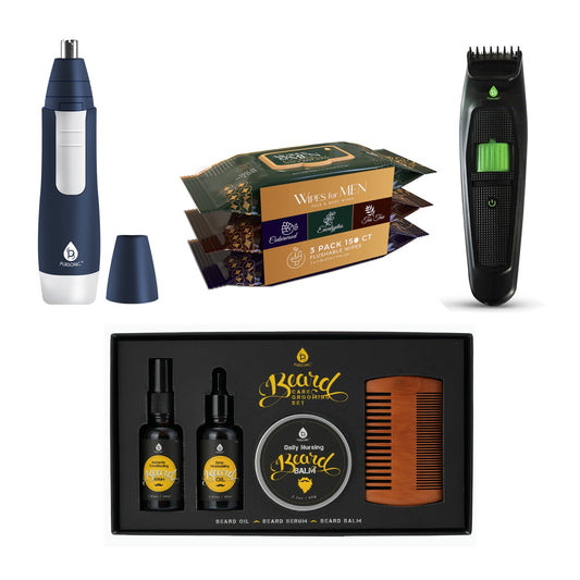 Full-Range Men's Grooming: 4-Piece Beard Care Set, Beard and Body Trimmer, Nose Trimmer, & Assorted Face and Body Wipes-0