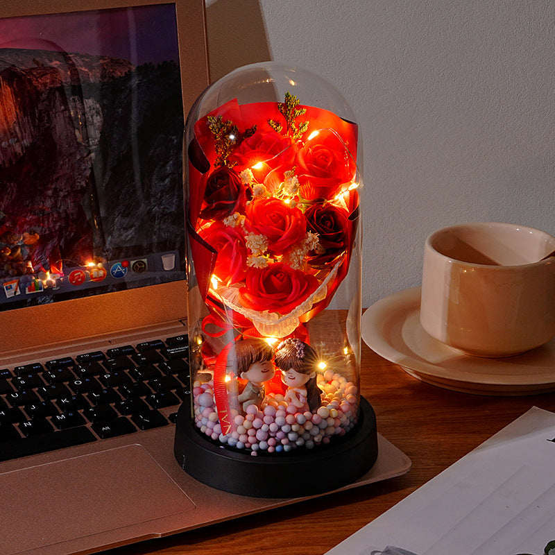 Eternal Rose Flower Bouquet Glass Dome Night Light Decoration Dried Flowers Baby's Breath Valentine's Day Gift for Her