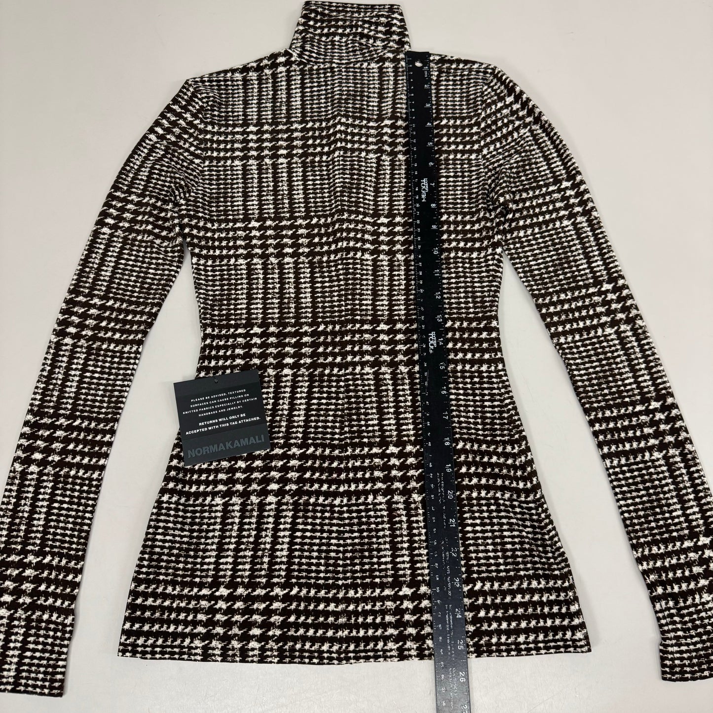NORMA KAMALI Front Zip Slim Fit Turtle Top Women's Sz XS/34 Chocolate Plaid Tweed