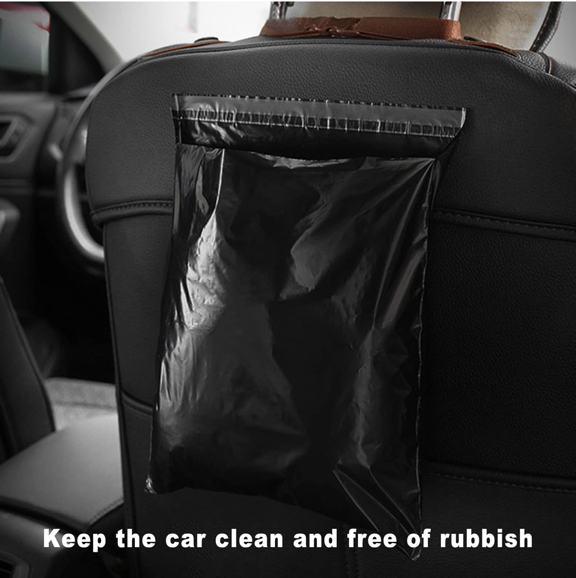 Black trash bag in car back seat with text 'Keep the car clean and free of rubbish'.