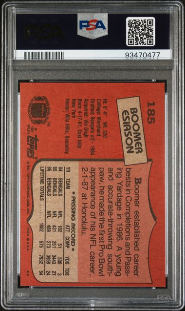 Graded 1987 Topps Boomer Esiason #185 2nd Year Football Card PSA 8 NM-MT