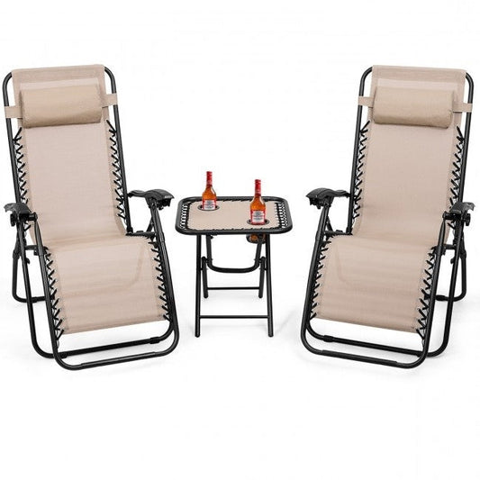 3 Piece Folding Portable Reclining Lounge Chairs Table Set Tan-0