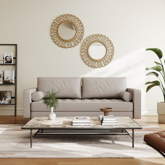Beige Upholstered Faux Leather Sofa w/ Pillows Solid Hardwood Legs-0