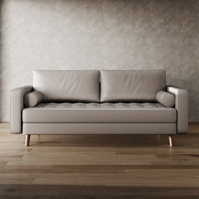 Beige Upholstered Faux Leather Sofa w/ Pillows Solid Hardwood Legs-1