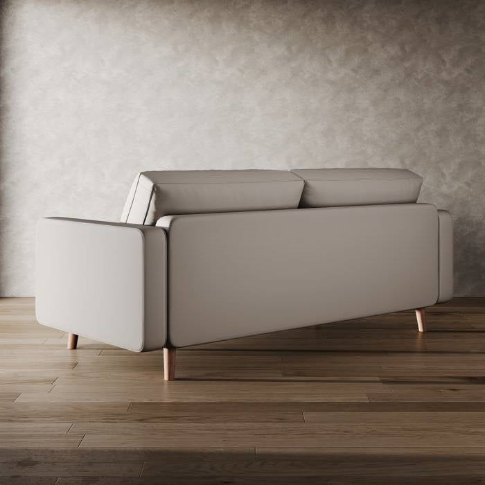 Beige Upholstered Faux Leather Sofa w/ Pillows Solid Hardwood Legs-2
