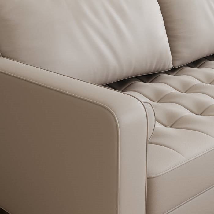 Beige Upholstered Faux Leather Sofa w/ Pillows Solid Hardwood Legs-3