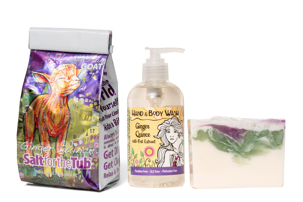 GINGER QUINCE GIFT SET: BATH SALTS, 8 oz LIQUID SOAP & SOAP SLICE