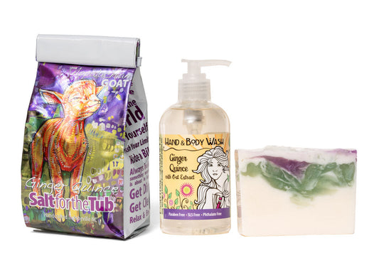 GINGER QUINCE GIFT SET: BATH SALTS, 8 oz LIQUID SOAP & SOAP SLICE