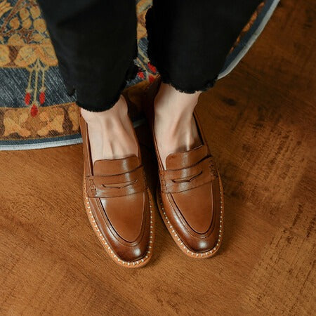 Round toe low heeled single shoes, retro style flat heeled women's shoes, brown