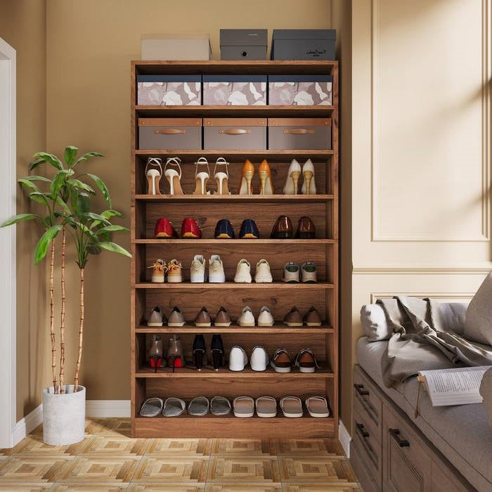 Freestanding 8-Shelf Shoe Rack for Closet Shelving Unit in Brown Wood Finish-0