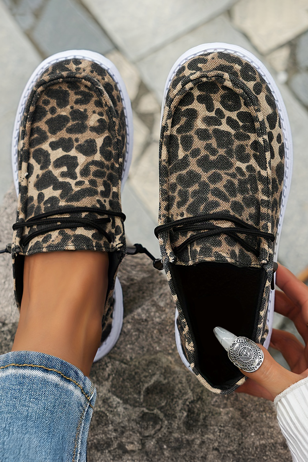 Kira  Lace-up Decor Leopard Canvas Shoes-1