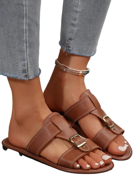 Saylor Buckle Decor Dual Bands Flat Slippers