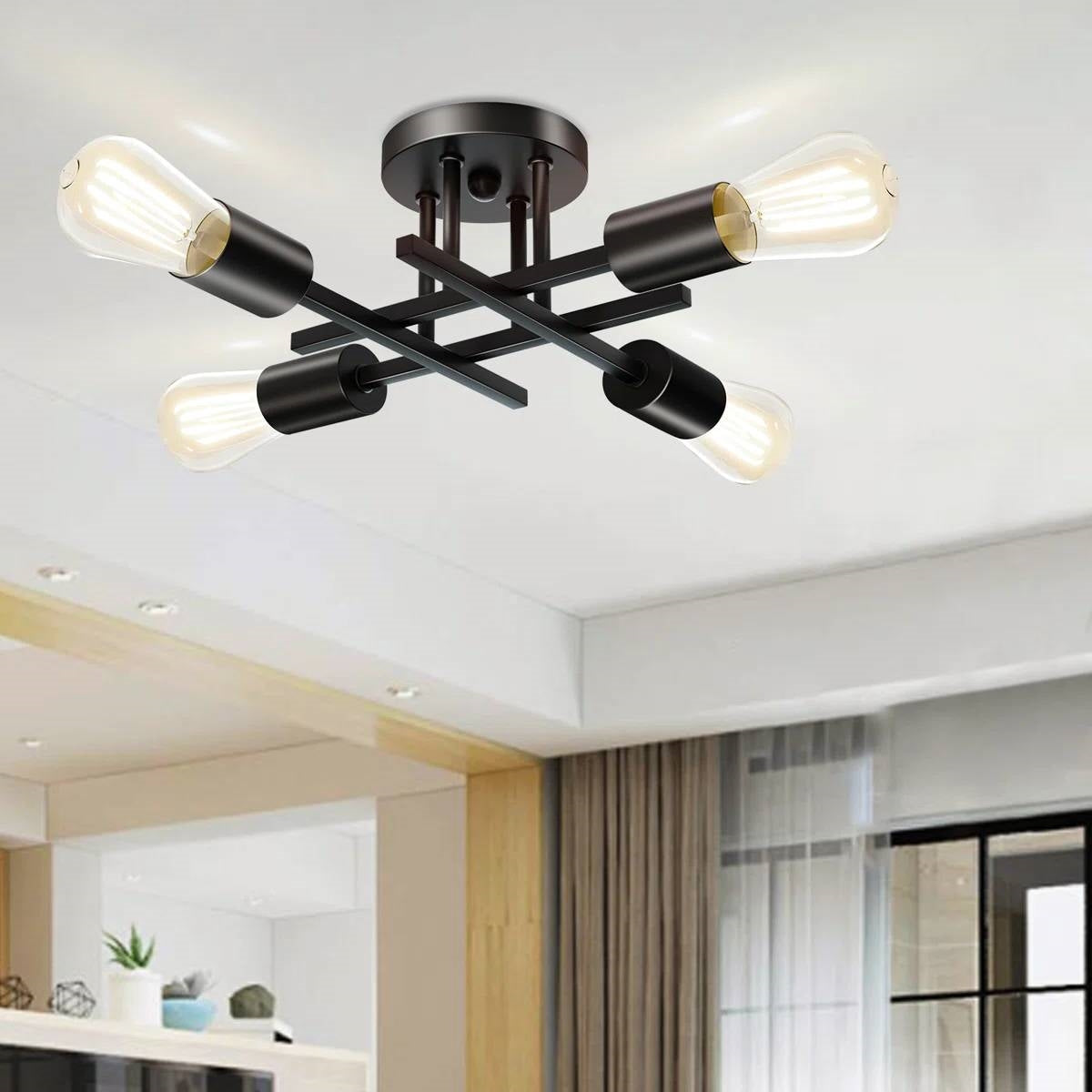 Modern 4-Light Flush Mount Sputnik Ceiling Light Fixture in Black Finish-0