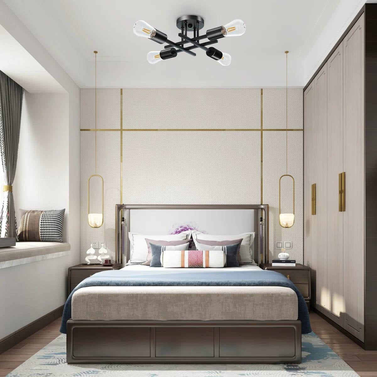 Modern 4-Light Flush Mount Sputnik Ceiling Light Fixture in Black Finish-1