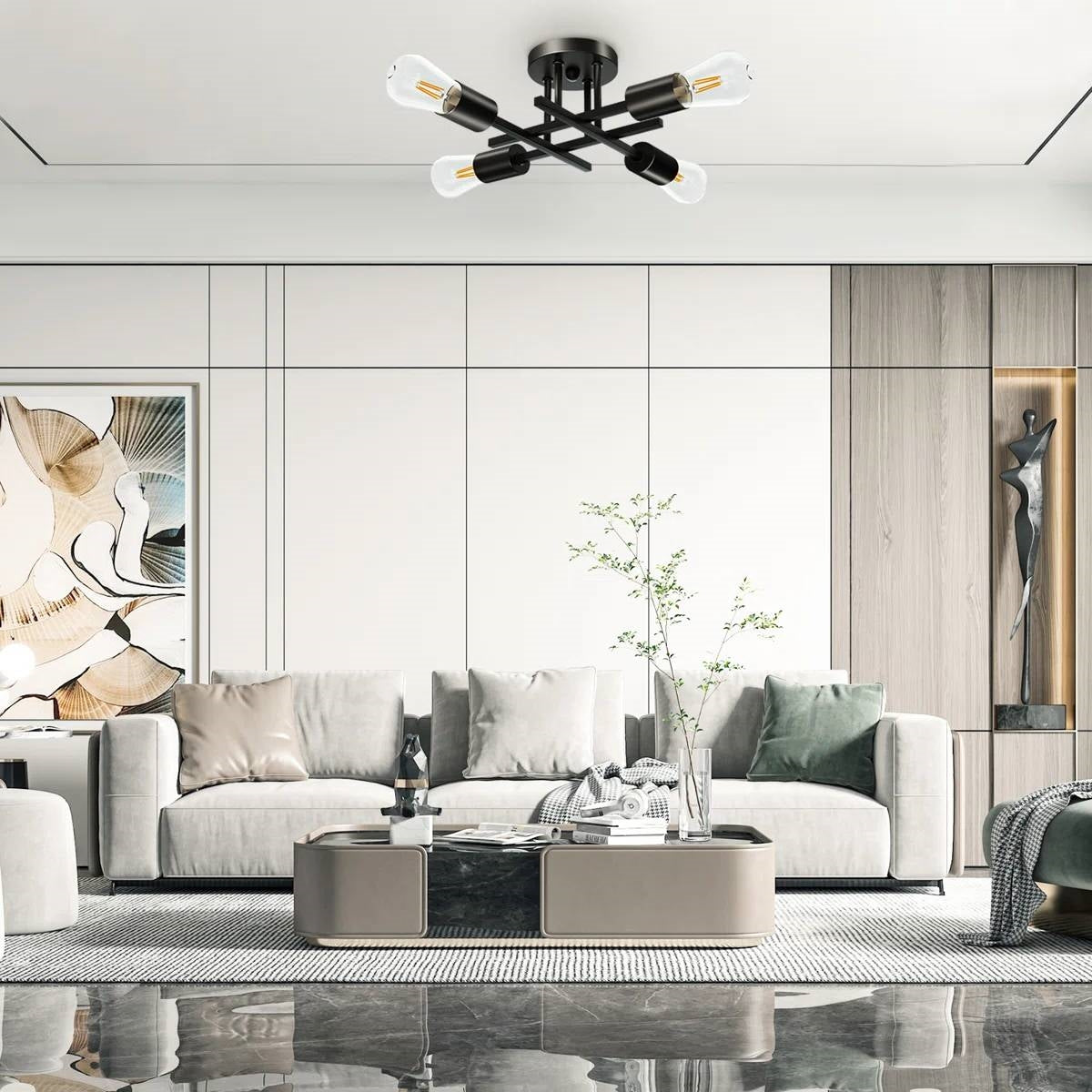 Modern 4-Light Flush Mount Sputnik Ceiling Light Fixture in Black Finish-3