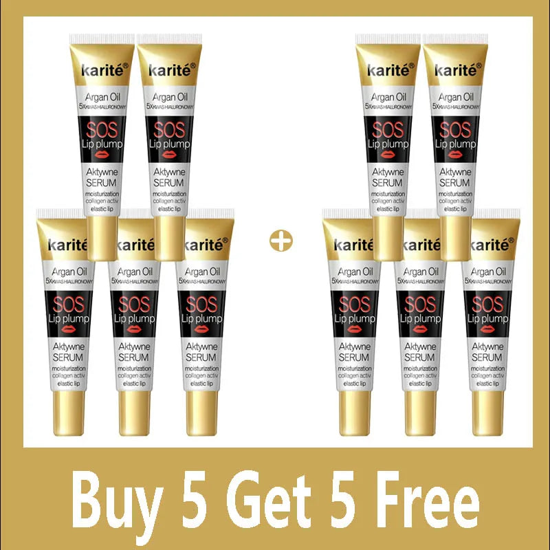 Karite lip plumping and serum products with a buy 5 get 5 free offer on a gold background.