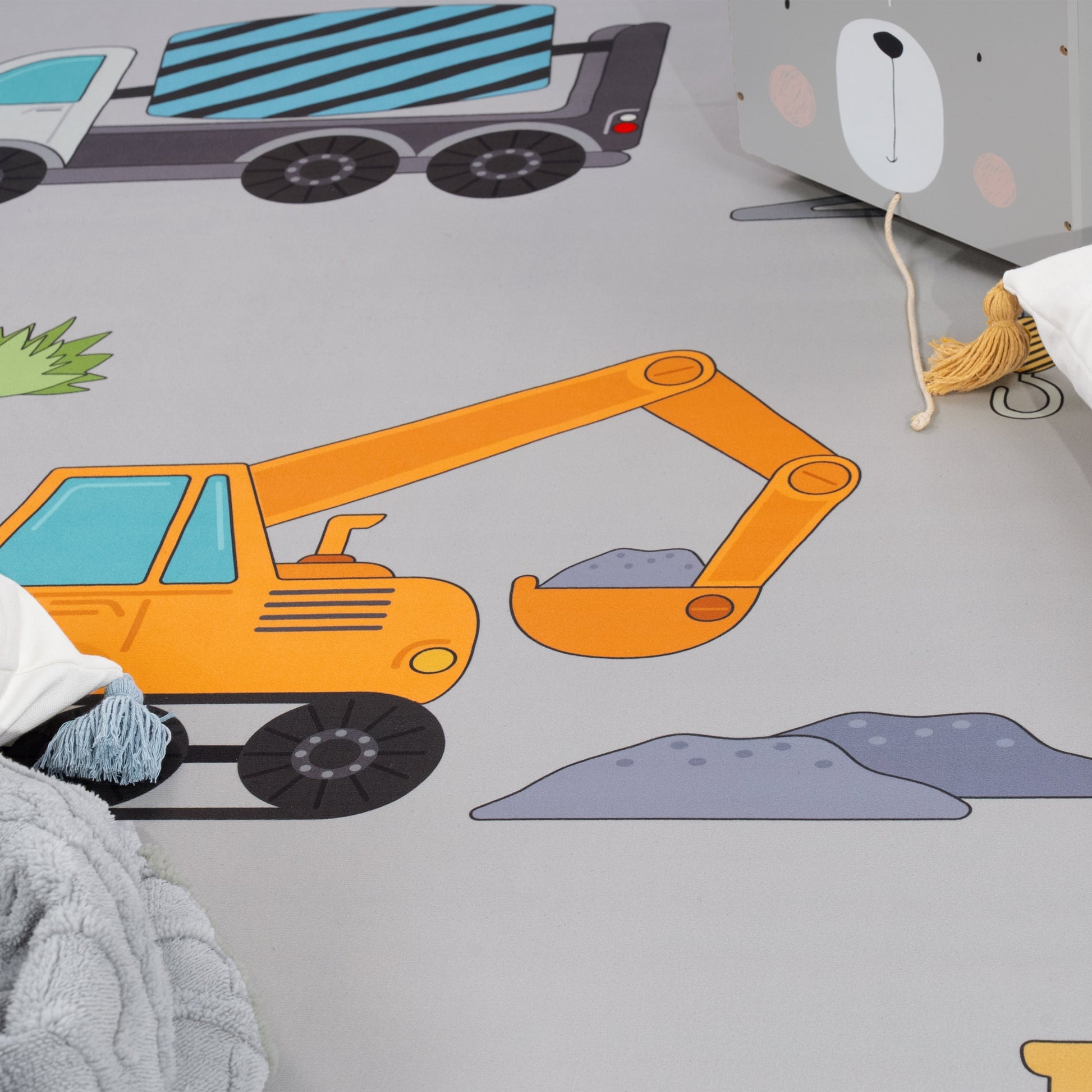 Kids Play-Mat Bob Construction Site with Trucks & Cranes in Grey-1