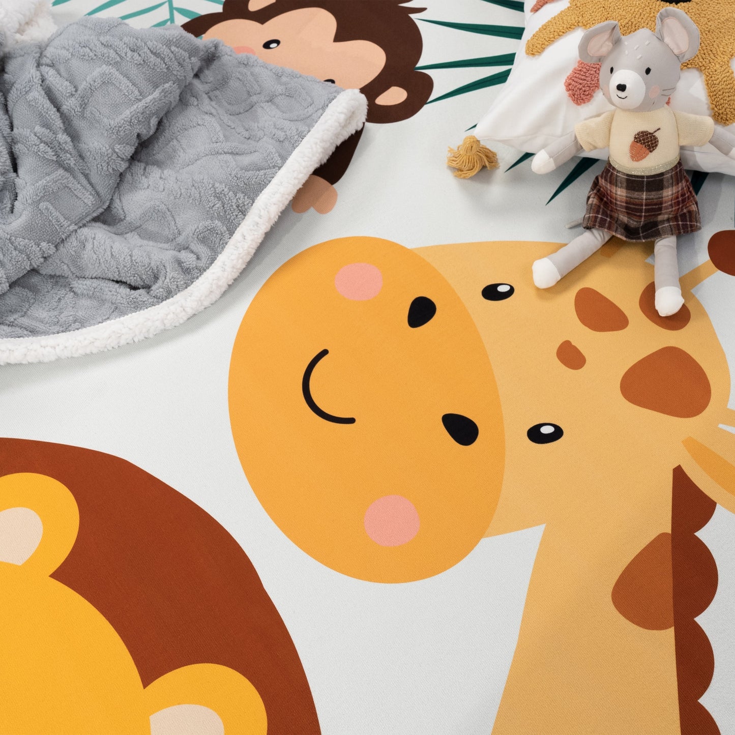 Kids Rug Lilo Jungle Animal Play Mat with Lion Giraffe Monkey in Beige-1