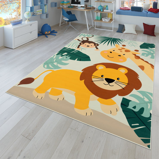 Kids Rug Lilo Jungle Animal Play Mat with Lion Giraffe Monkey in Beige-0
